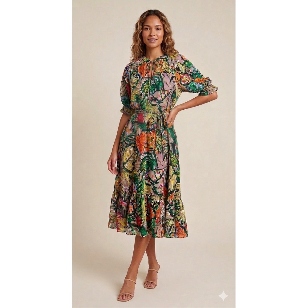 Vilagallo Spanish Tropical Print Midi Dress Womens 40 Multi Color Tiered Ruffle